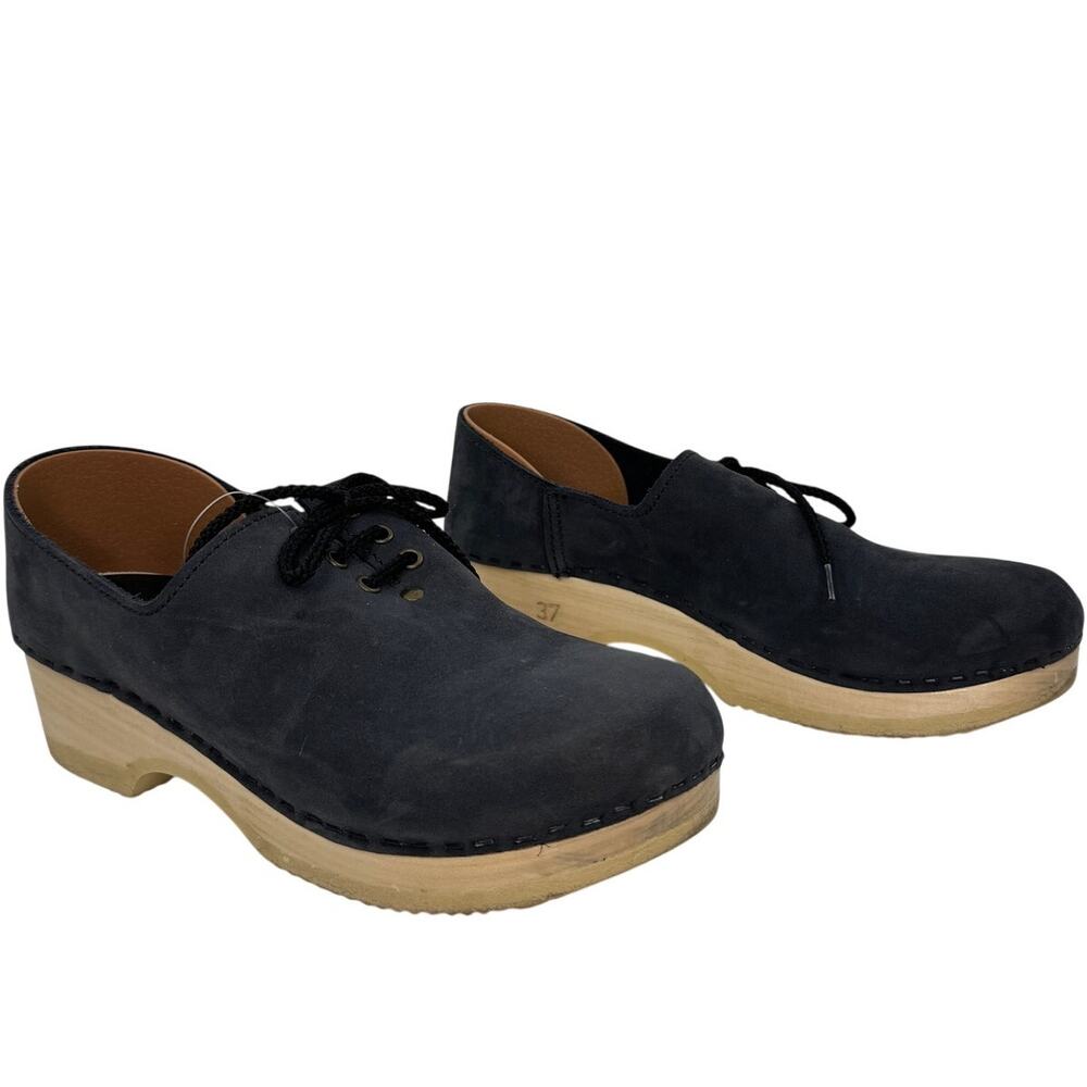 SVEN Original USA Made Navy Blue Nubuck Lace Up Closed Heel Wool Heel Clogs 37